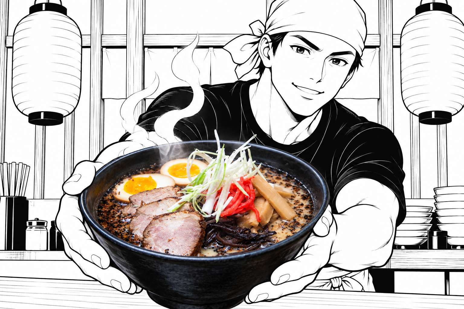 Black and white manga chef holding a real colorful ramen bowl